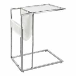 Outlet 😀 Monarch Glass Top Side Table With Magazine Rack In White And Chrome 🛒