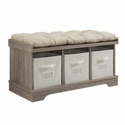 Deals 👏 Pemberly Row 3 Cubby Cushion Storage Bench In Driftwood With Totes ❤️