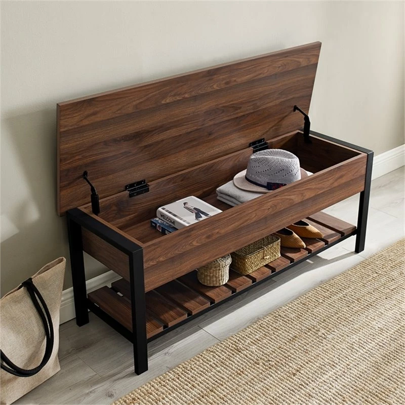 Promo ⭐ Walker Edison 48" Modern Farmhouse Wood Storage Bench In Dark Walnut 👏 - Image 5