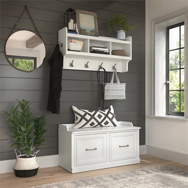 Wholesale โ Kathy Ireland Home By Bush Furniture Woodland ๐ Shoe Storage Bench With Wall Mounted Shelf In White - Engineered Wood ๐ - Image 2