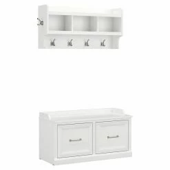 Wholesale ⌛ Kathy Ireland Home By Bush Furniture Woodland 👟 Shoe Storage Bench With Wall Mounted Shelf In White - Engineered Wood 😉