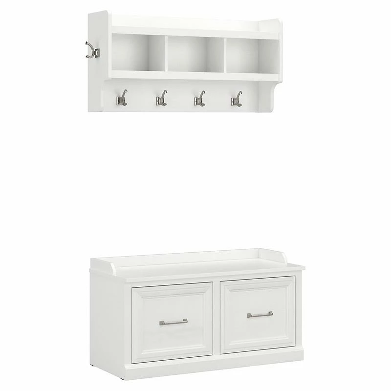 Wholesale โ Kathy Ireland Home By Bush Furniture Woodland ๐ Shoe Storage Bench With Wall Mounted Shelf In White - Engineered Wood ๐