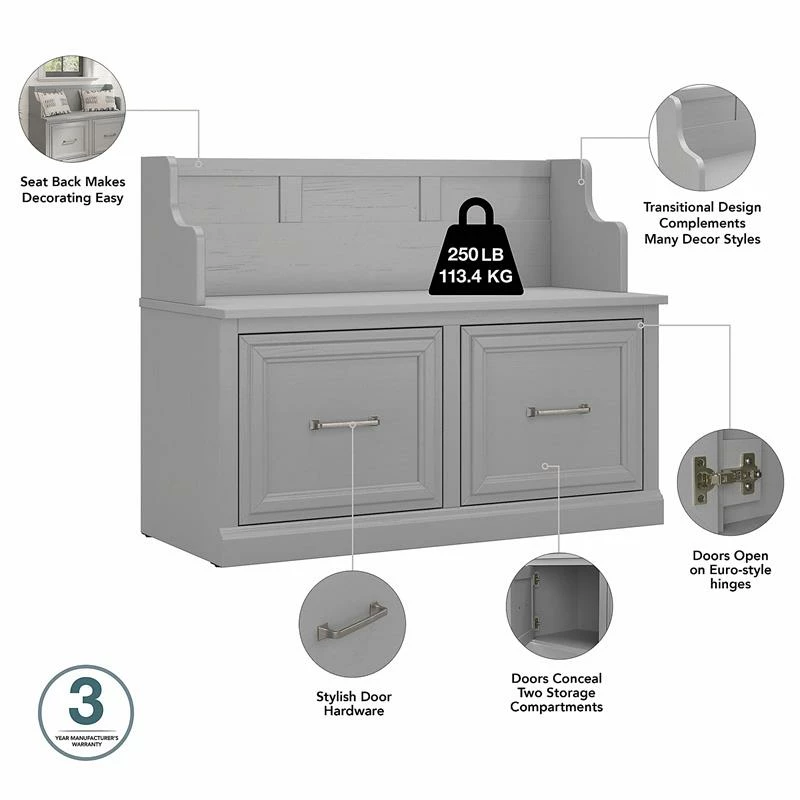 Top 10 โค๏ธ Kathy Ireland Home By Bush Furniture Woodland 40W Entryway Bench With Doors In Cape Cod Gray - Engineered Wood ๐ - Image 3