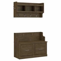 Budget 🛒 Kathy Ireland Home By Bush Furniture Woodland Entryway Bench With Wall Mounted 🧥 Coat Rack In Ash - Engineered Wood 💯