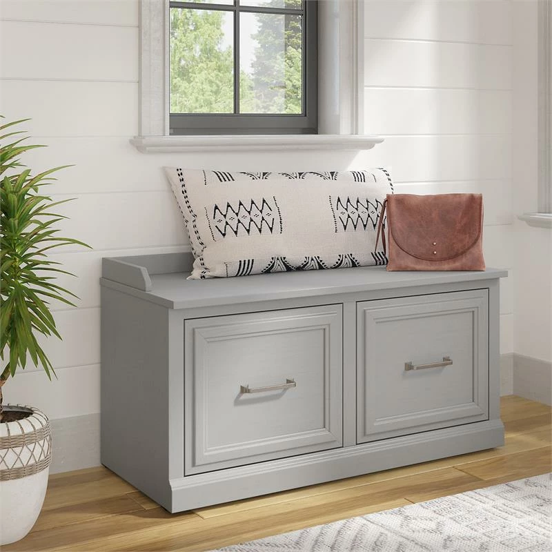 Cheap 😉 Kathy Ireland Home By Bush Furniture Woodland 40W 👟 Shoe Storage Bench With Doors In Cape Cod Gray - Engineered Wood 🎉 - Image 2