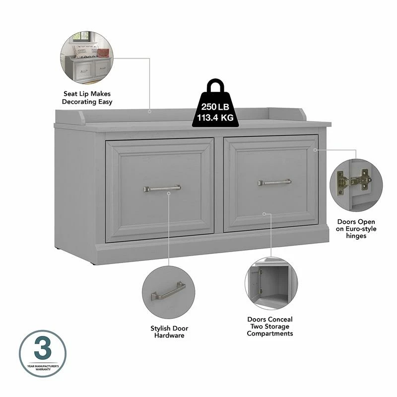 Cheap 😉 Kathy Ireland Home By Bush Furniture Woodland 40W 👟 Shoe Storage Bench With Doors In Cape Cod Gray - Engineered Wood 🎉 - Image 3