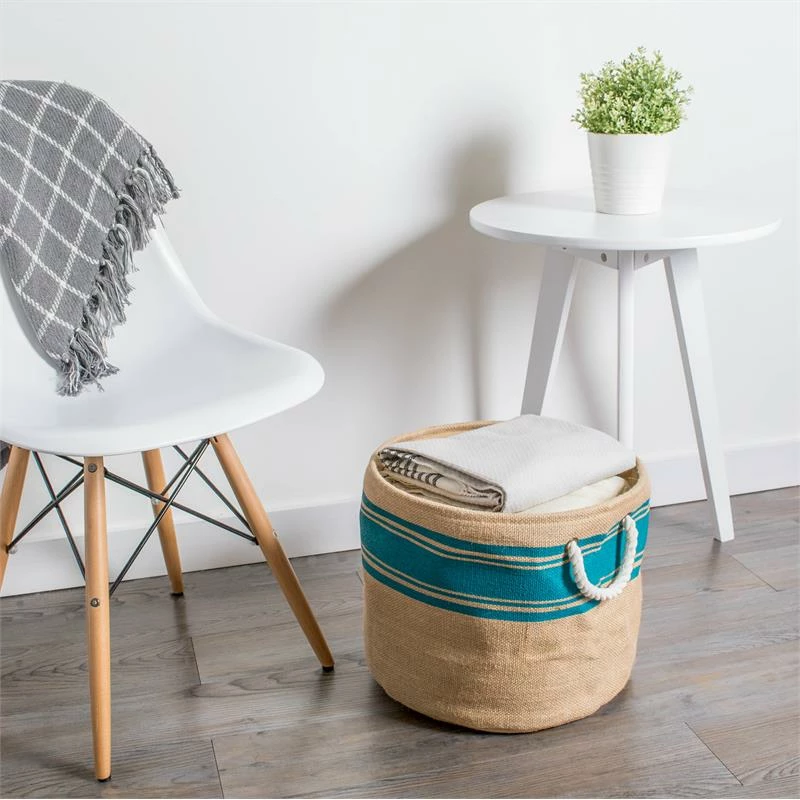 Outlet ๐ DII 15" Round Modern Fabric Medium Burlap Border Storage Bin In Blue โจ - Image 2