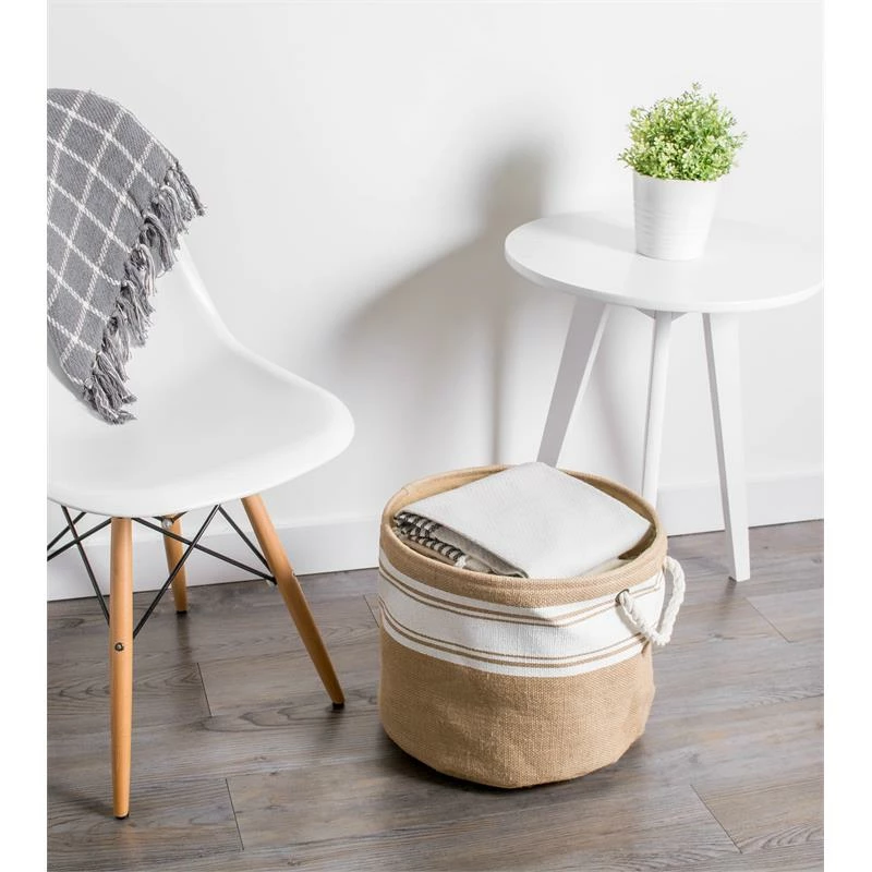 Best Sale ⌛ DII 15" Round Modern Fabric Medium Burlap Border Storage Bin In White 🔥 - Image 2