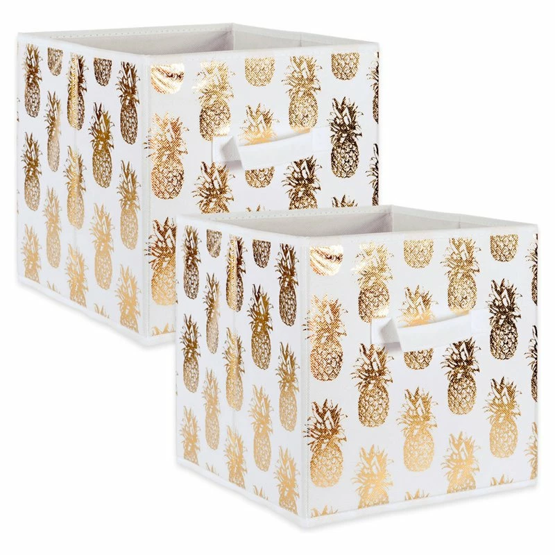 Wholesale ✨ DII 12.9" Square Polyester Cube Pineapple Storage Bin In White/Gold (Set Of 2) ✔️