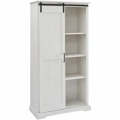 Discount 🥰 Walker Edison Modern Farmhouse Grooved Sliding Door Tall Storage Cabinet In Brushed White 👏