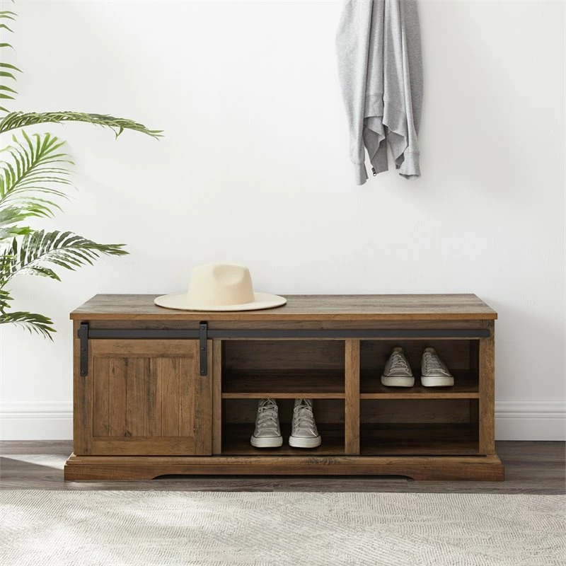 Best deal ๐ฅ Walker Edison 48" Sliding Grooved Door Entry Bench With Storage In Rustic Oak ๐ - Image 4