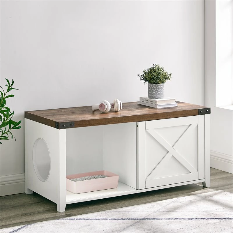 Flash Sale 🎁 Walker Edison 43" Sliding X Door Litter Box Bench With Circle Cutout In Rustic Oak/Solid White 🔔 - Image 2