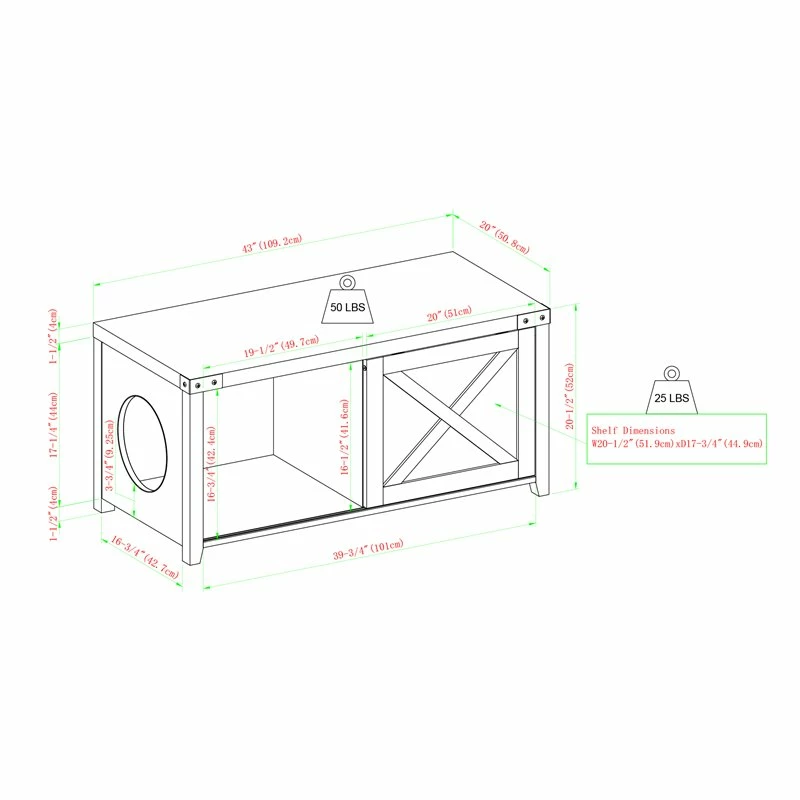 Flash Sale 🎁 Walker Edison 43" Sliding X Door Litter Box Bench With Circle Cutout In Rustic Oak/Solid White 🔔 - Image 3