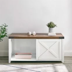 Flash Sale 🎁 Walker Edison 43" Sliding X Door Litter Box Bench With Circle Cutout In Rustic Oak/Solid White 🔔