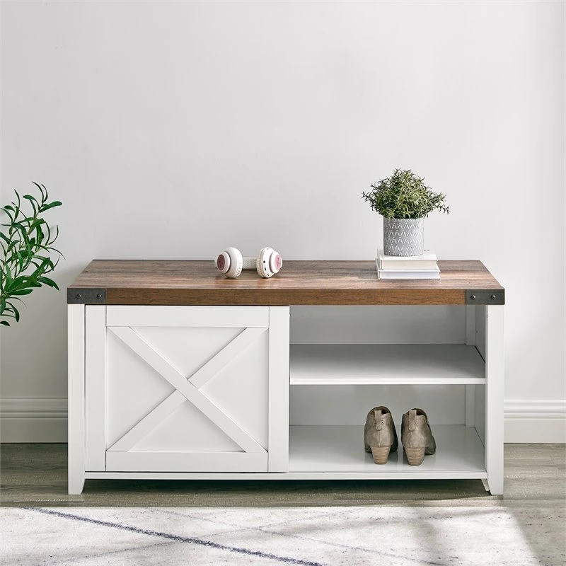 Flash Sale 🎁 Walker Edison 43" Sliding X Door Litter Box Bench With Circle Cutout In Rustic Oak/Solid White 🔔 - Image 4