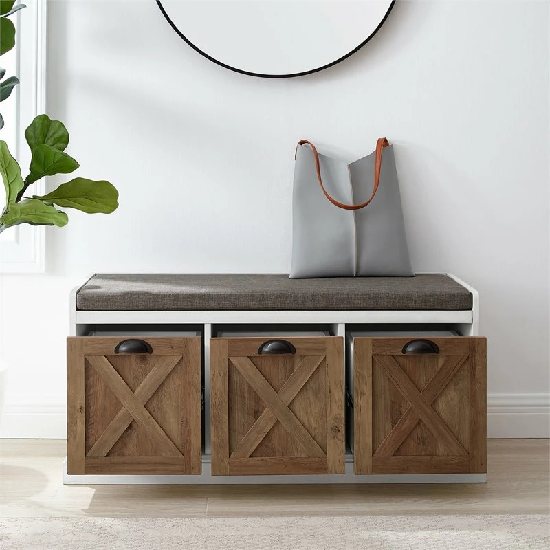Best deal 🌟 Walker Edison Willow 40" Farmhouse Storage Bench In Rustic Oak/Brushed White/Storm Gray 💯 - Image 3