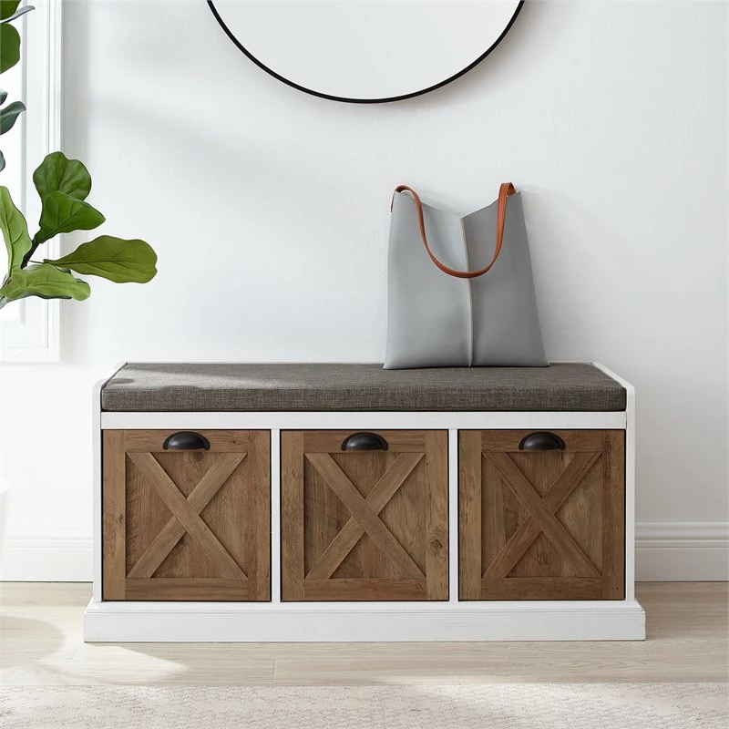 Best deal 🌟 Walker Edison Willow 40" Farmhouse Storage Bench In Rustic Oak/Brushed White/Storm Gray 💯 - Image 6