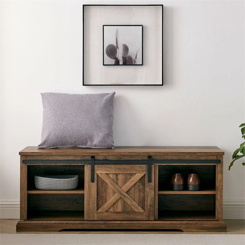 Best Pirce ๐ Pemberly Row 48" Sliding Barn Door Entry Bench With Storage In Rustic Oak ๐ - Image 2
