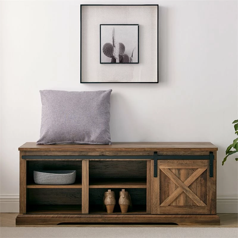 Best Pirce ๐ Pemberly Row 48" Sliding Barn Door Entry Bench With Storage In Rustic Oak ๐ - Image 3