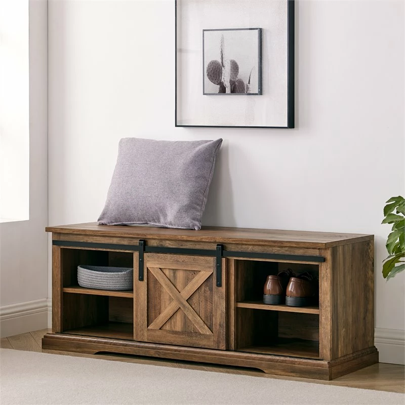 Best Pirce ๐ Pemberly Row 48" Sliding Barn Door Entry Bench With Storage In Rustic Oak ๐ - Image 4