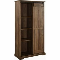 Wholesale 👍 Bowery Hill Farmhouse Grooved Sliding Door Tall Storage Cabinet In Rustic Oak 🤩